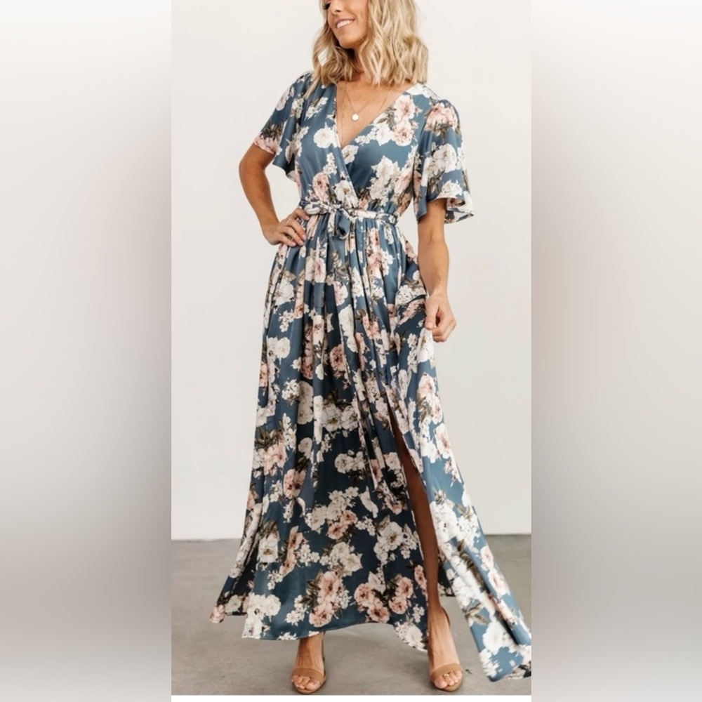 Sicily Satin Maxi Dress | Blue Floral - XL